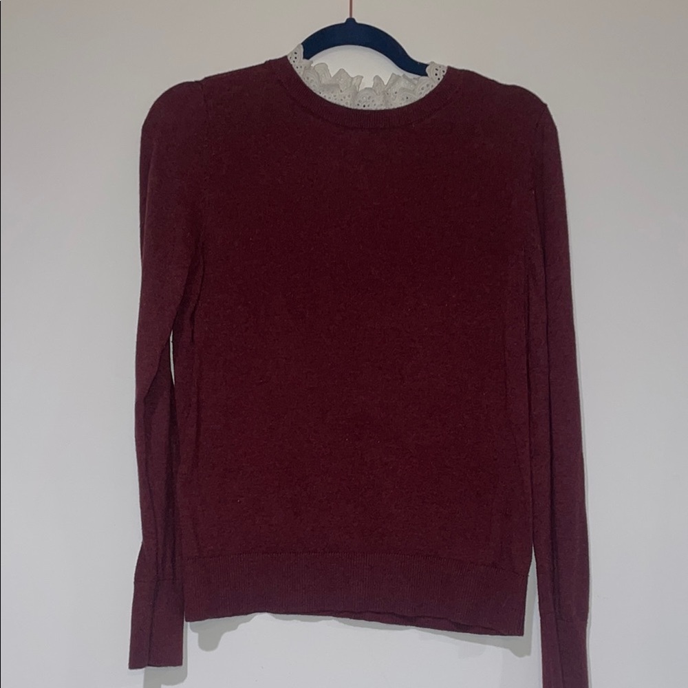 Burgundy Sweater with Lace Collar